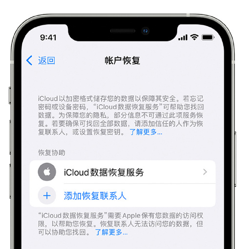 塔洋镇苹果手机维修分享在 iPhone 上设置帐户恢复联系人的方法 