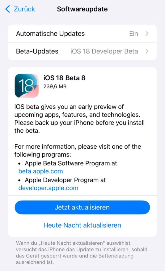 塔洋镇苹果手机维修分享苹果 iOS / iPadOS 18 开发者预览版 Beta 8 发布 